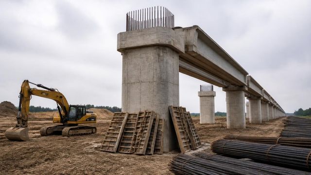 Unfinished concrete viaduct piers with exposed rebar receding in a line across a raw earthwork construction site.