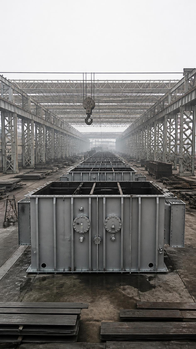 Power transformer tanks on an assembly floor before tanking, no people present