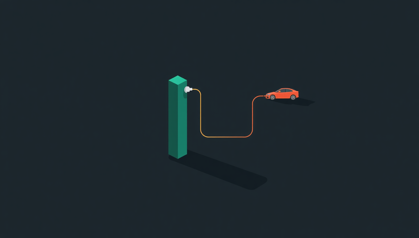 A conceptual illustration on a dark obsidian background showing a single geometric teal charging pillar at the centre connected to a small vehicle on the right by a thin gold line indicating active use. Behind the pillar, its shadow is rendered in terracotta rather than grey — shaped identically to the pillar but with its cable unplugged — and is slightly larger than the pillar itself.