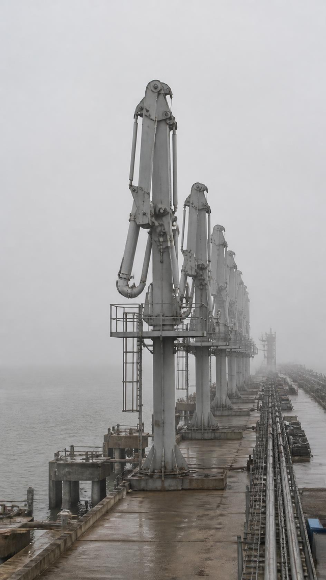 Marine loading arms along a liquid bulk jetty, no people present