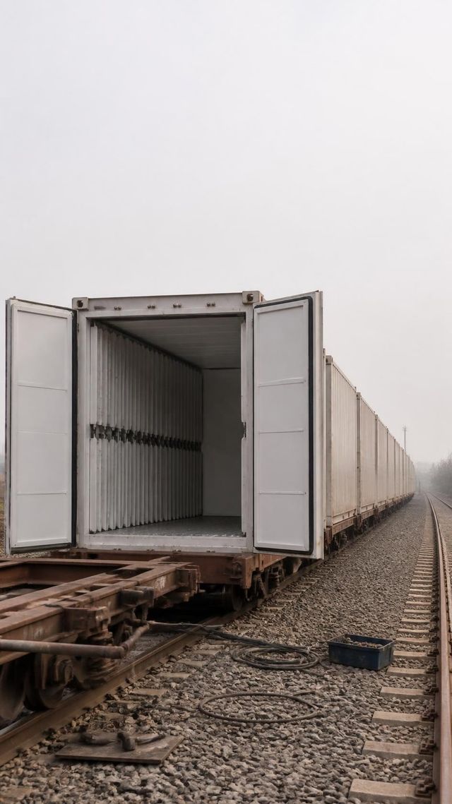 Open reefer container showing phase change panels inside, line of containers on flatcars receding to horizon.