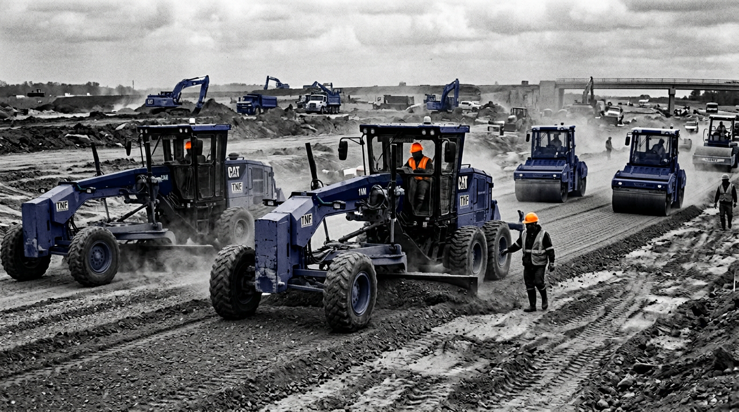 A desaturated image showing a fleet of heavy blue road graders and rollers actively smoothing out a wide dirt roadbed. Workers wearing bright orange hardhats and high-visibility vests stand out against the grey background, representing the active labor force and continuous execution required in road sector infrastructure projects.