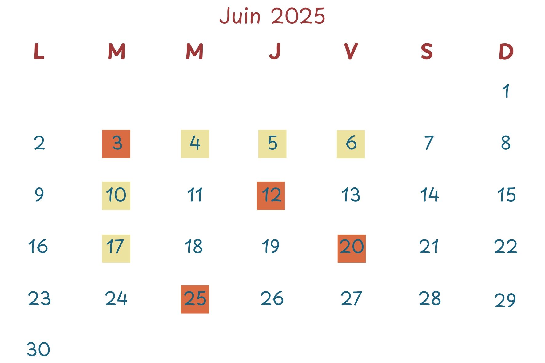 Calendrier des actions