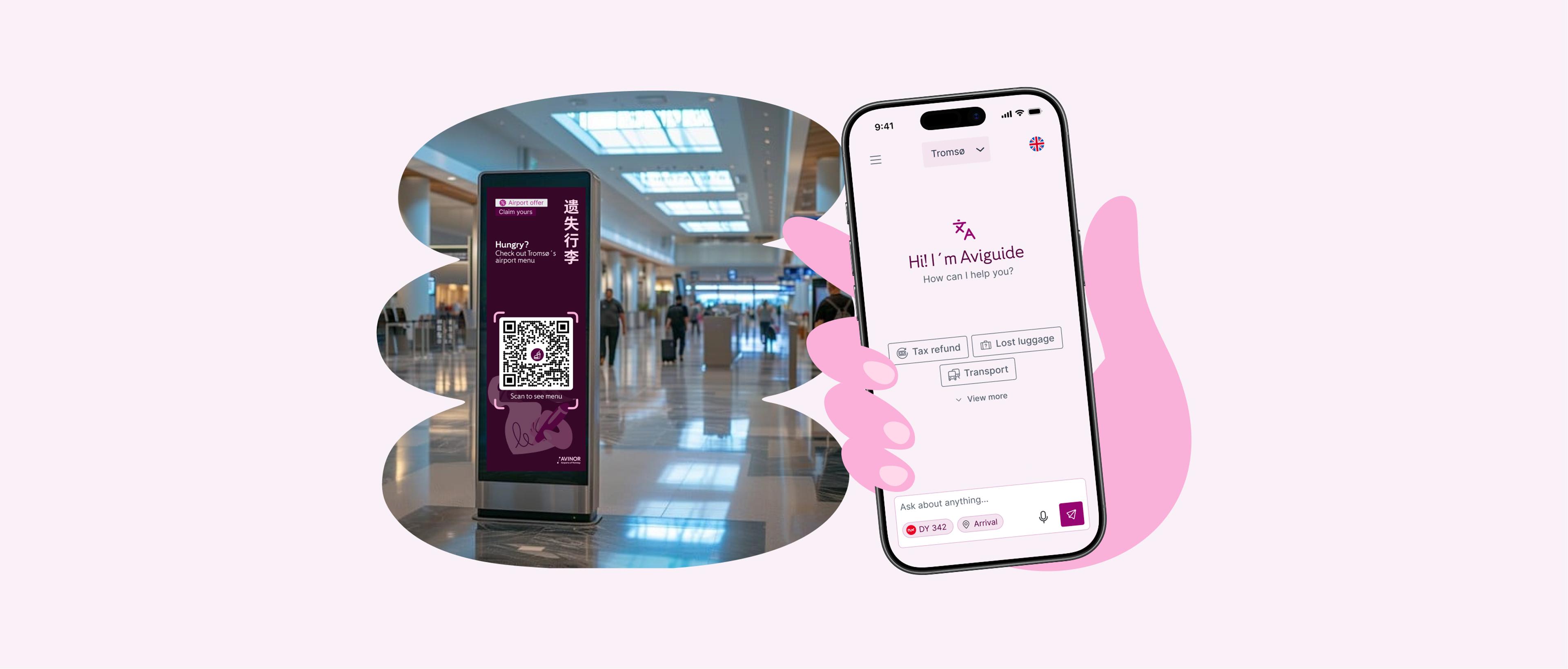 En mobil med en KI-basert reiseguide, og et skilt med en QR kode.