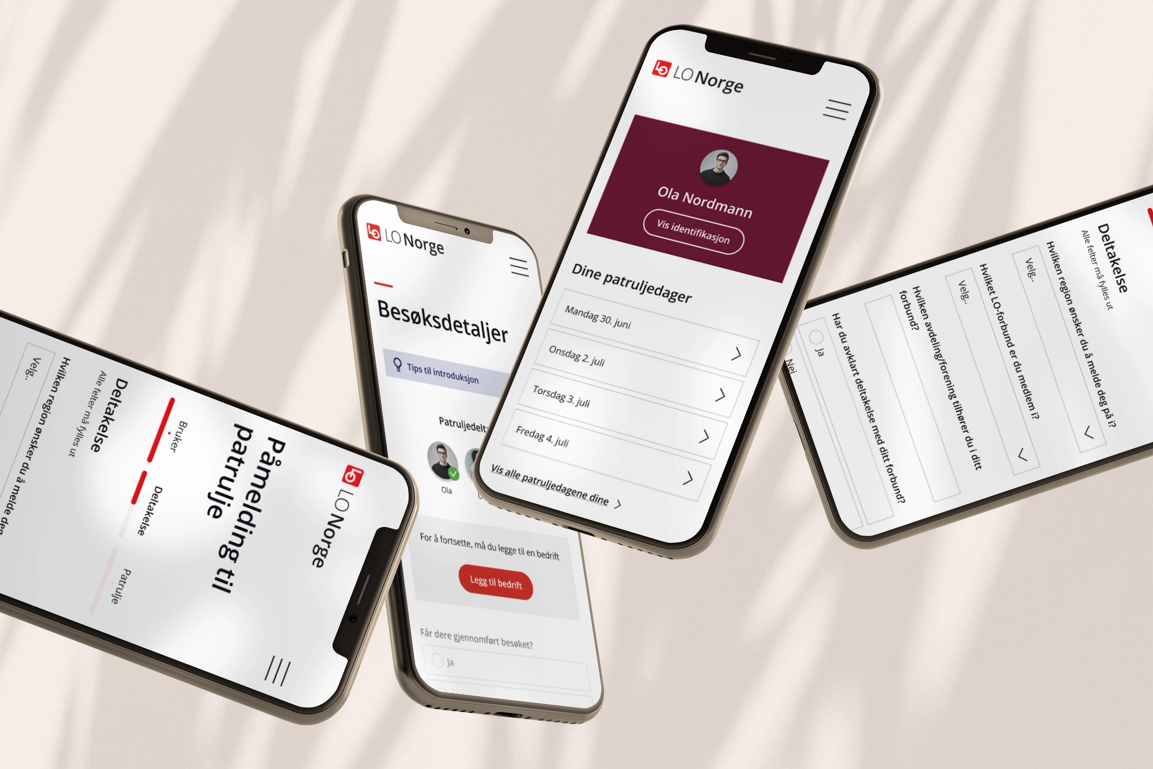 Four smartphones showing parts of the solution created for the Summer Patrol.