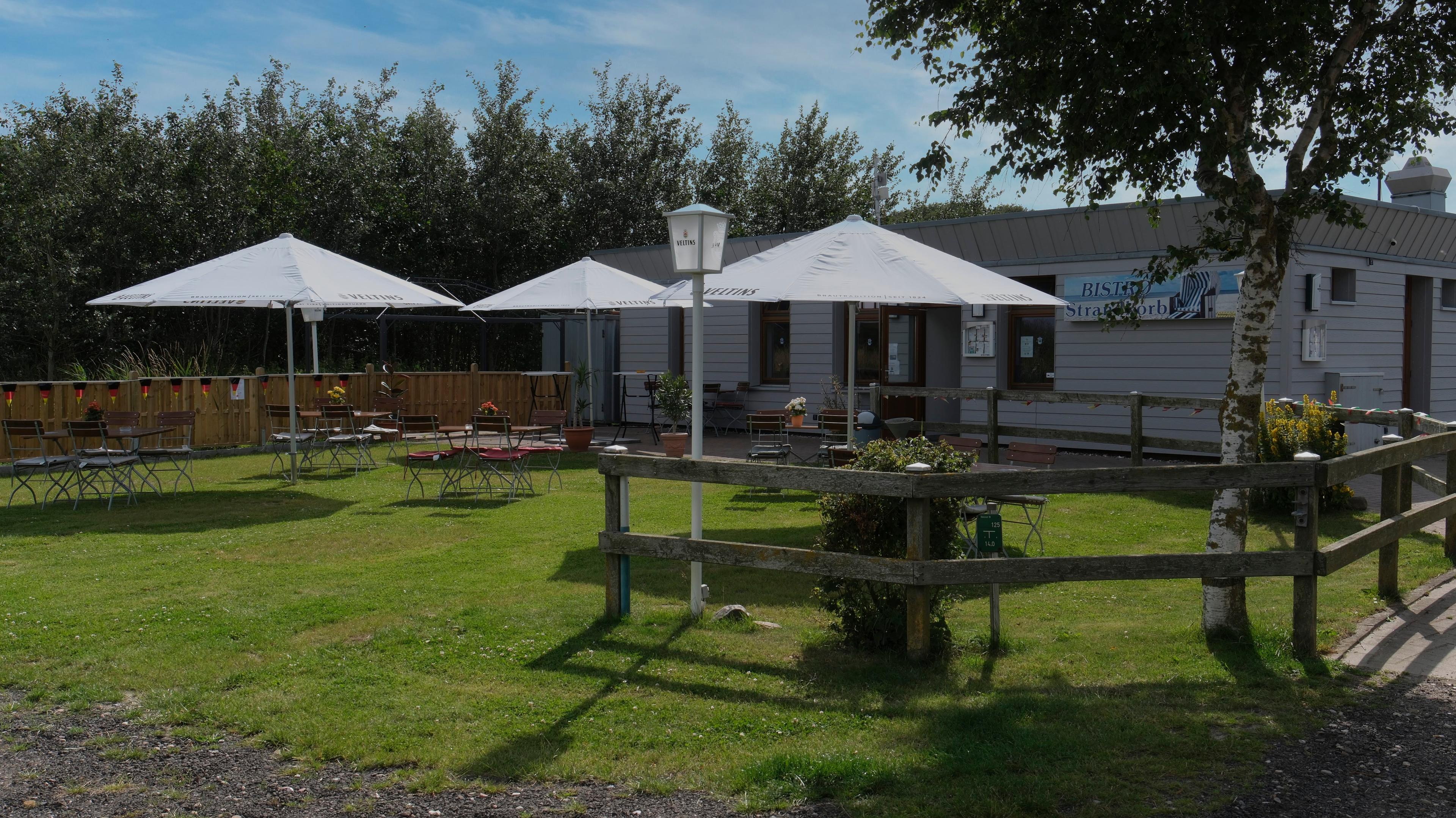 Ein Biergarten mit weißen Sonnenschirmen, Holztischen und Stühlen auf einer grünen Wiese vor einem Gebäude