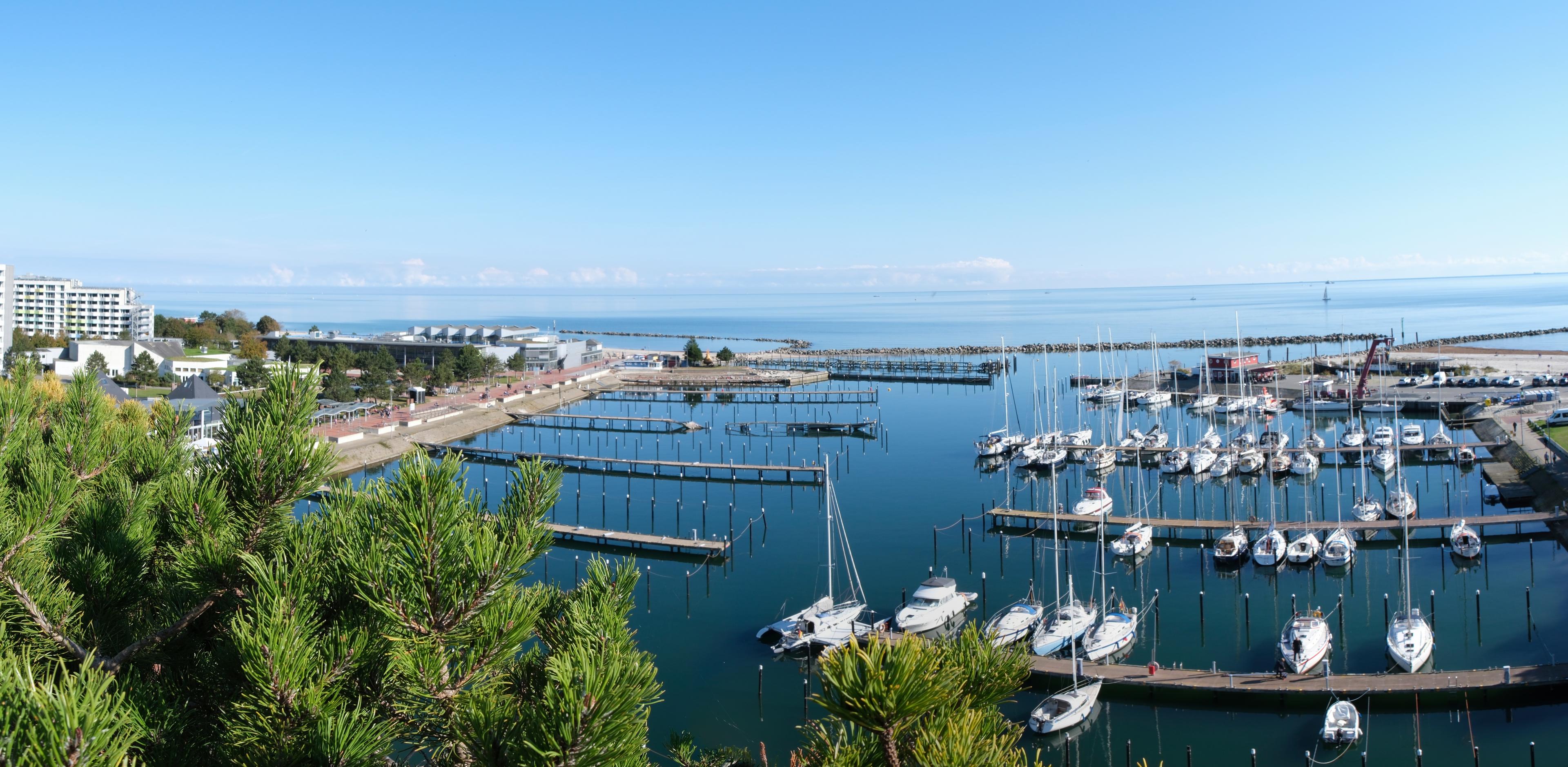 Ein moderner Yachthafen mit mehreren Segelbooten und Wohngebäuden im Hintergrund