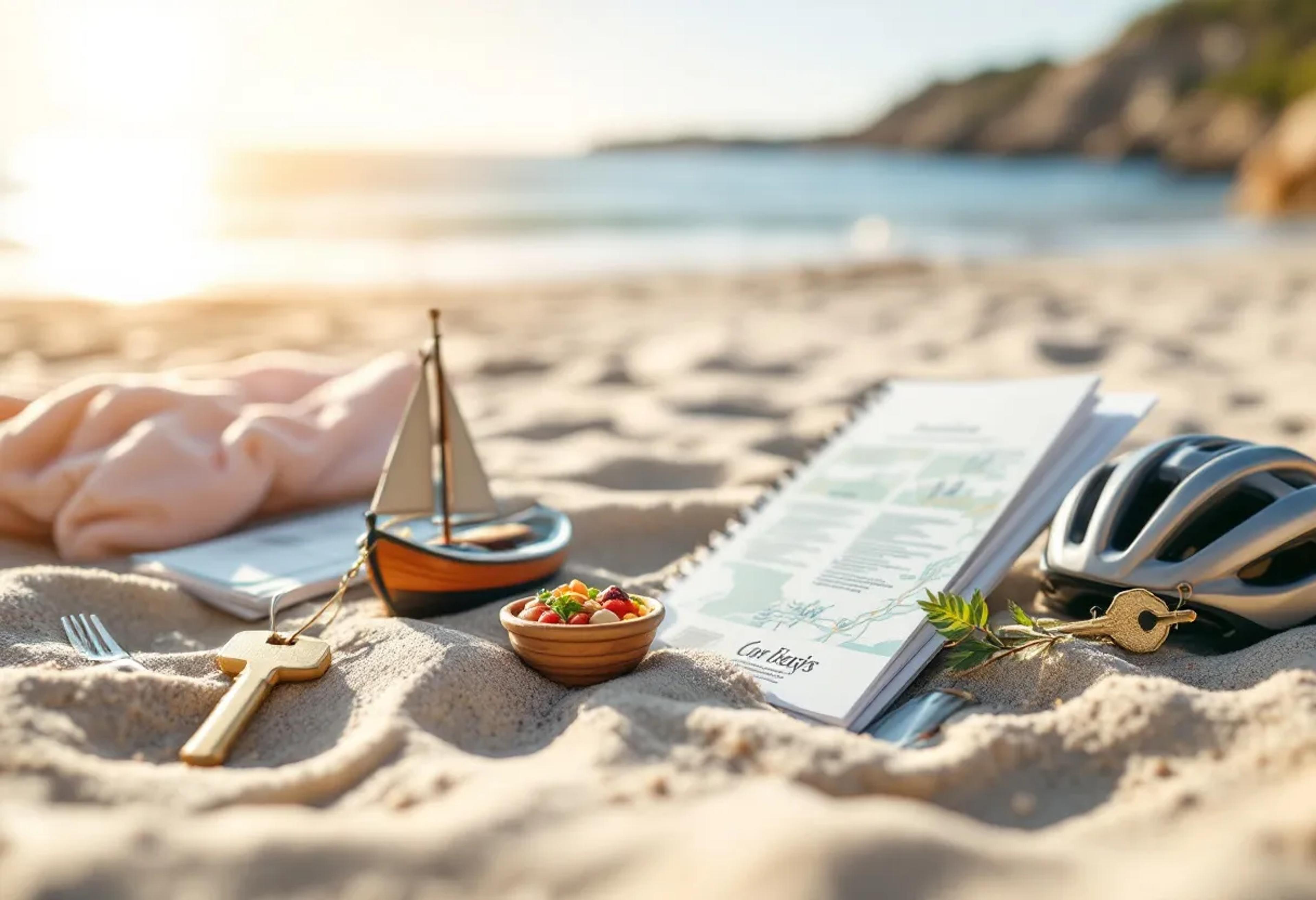 Ein Strandpicknick mit einem Fahrradhelm, einem Spielzeugboot, einem Schlüssel und einer Schale mit Nüssen auf dem Sand