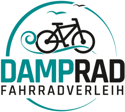 Logo von Damprad Fahrradverleih mit einem stilisierten Fahrrad und Wellenmotiv