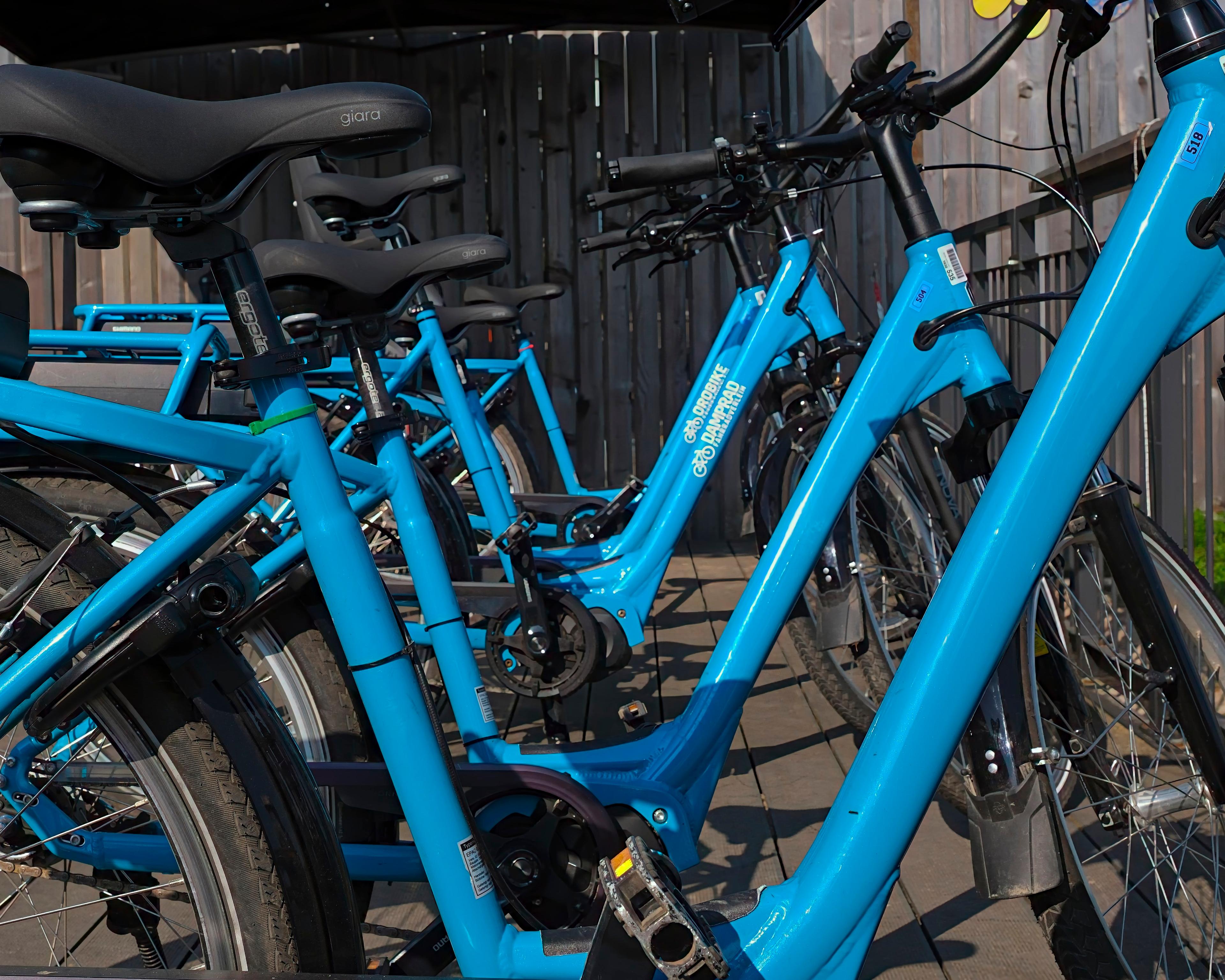 Mehrere blaue Elektroräder, die in einer Reihe unter einem Unterstand geparkt sind