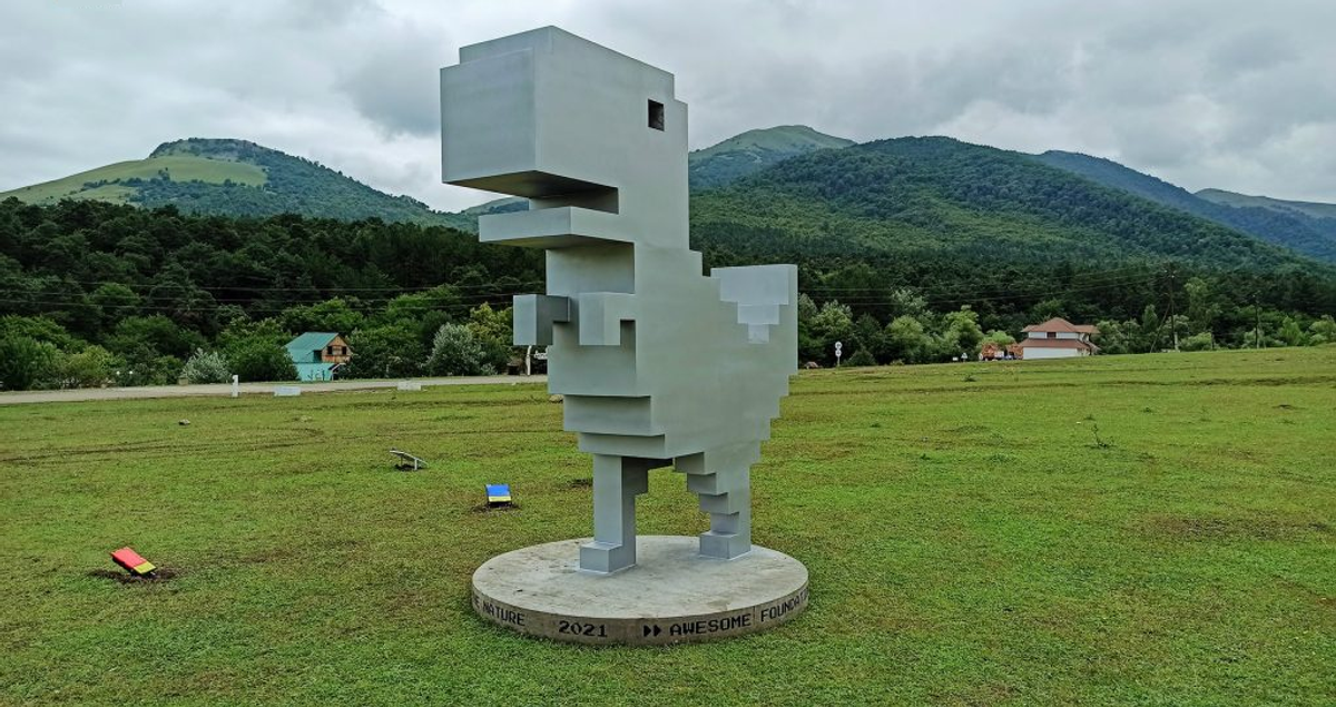 The Chrome Dinosaur monument in Gyulagarak, Armenia -- a real-life concrete statue of the pixelated T-Rex