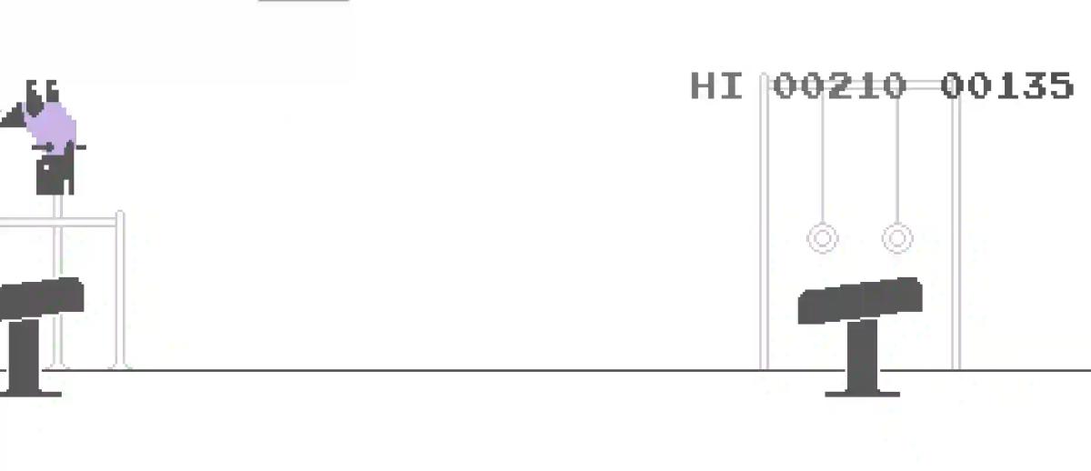 The Chrome Dino Olympics gymnastics mode -- the T-Rex performing gymnastics on a pommel horse, one of six Olympic mini-games added for Tokyo 2021