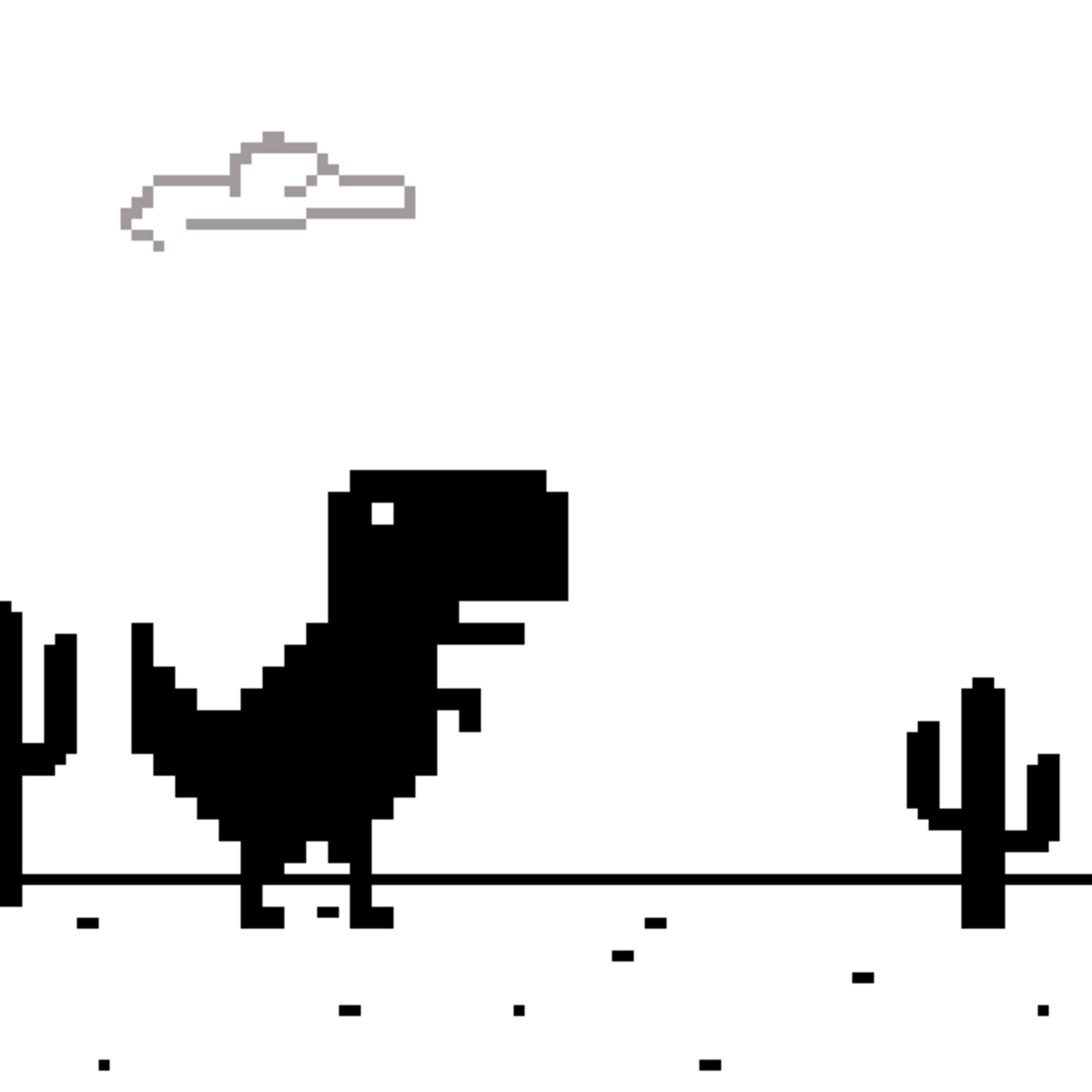 The Lonely T-Rex running through the desert with cacti -- the iconic Chrome Dino game