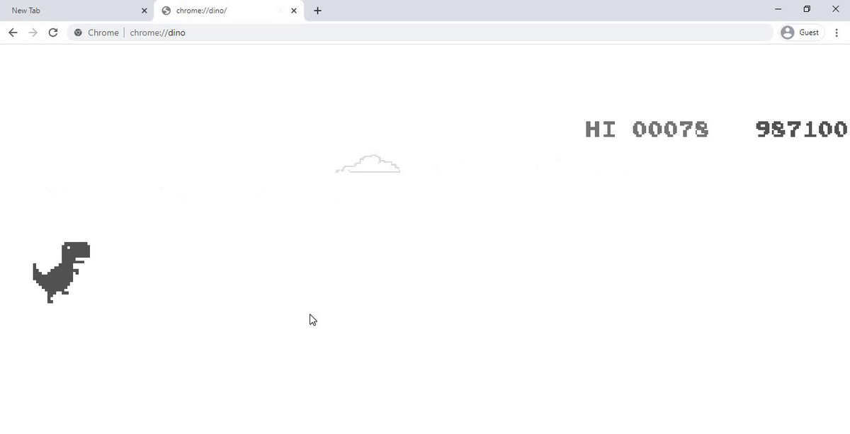 Chrome DevTools showing a hacked high score of 987,100 on chrome://dino -- proof that console cheats work