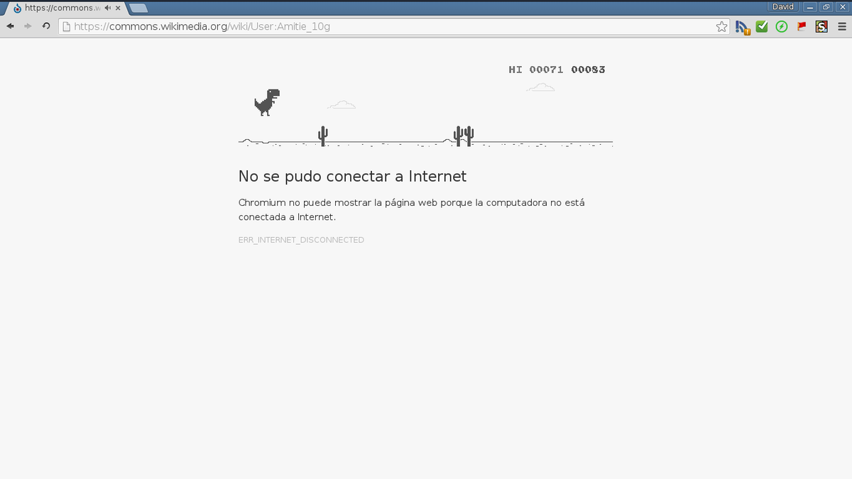 The Chrome Dino game running in the Chrome browser at chrome://dino with the T-Rex, cacti, and score counter visible