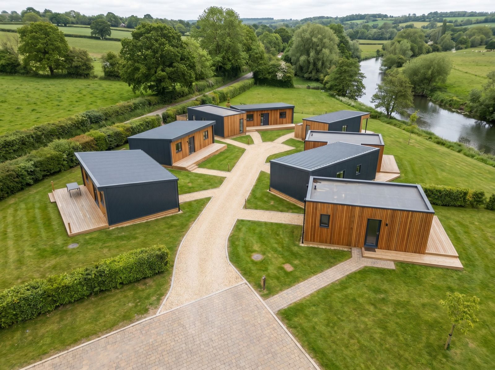 An aerial view of several PrefabX units arranged as coastal holiday lets