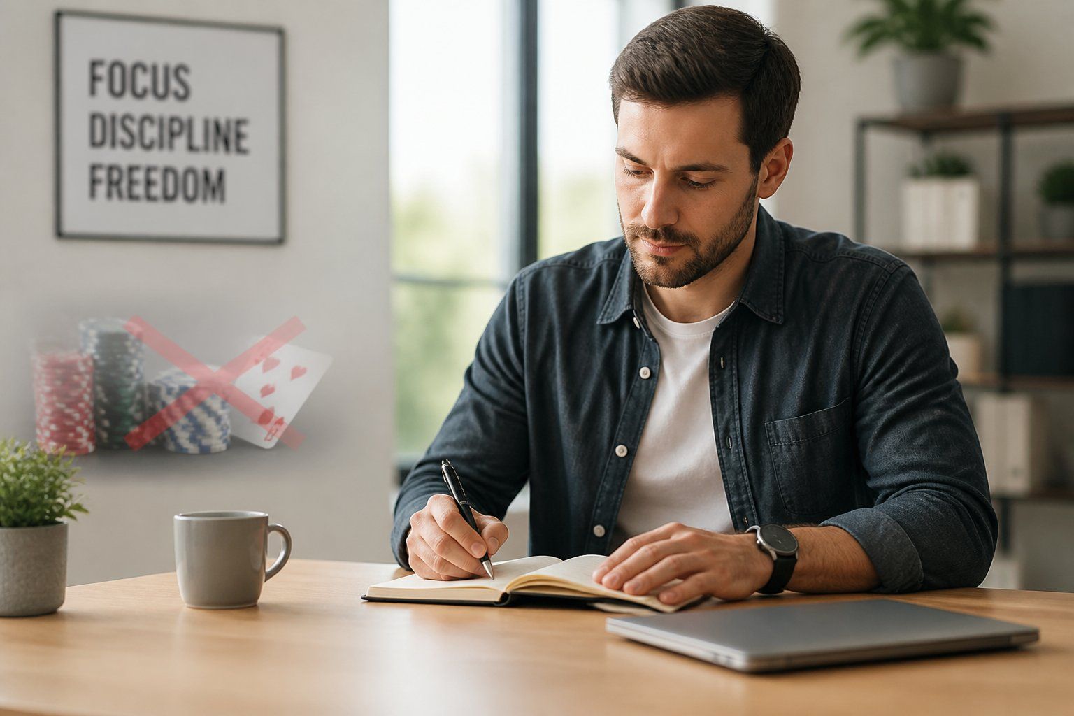 Man writing in a notebook at desk with coffee, laptop, and motivational sign, symbolizing discipline in gambling recovery.