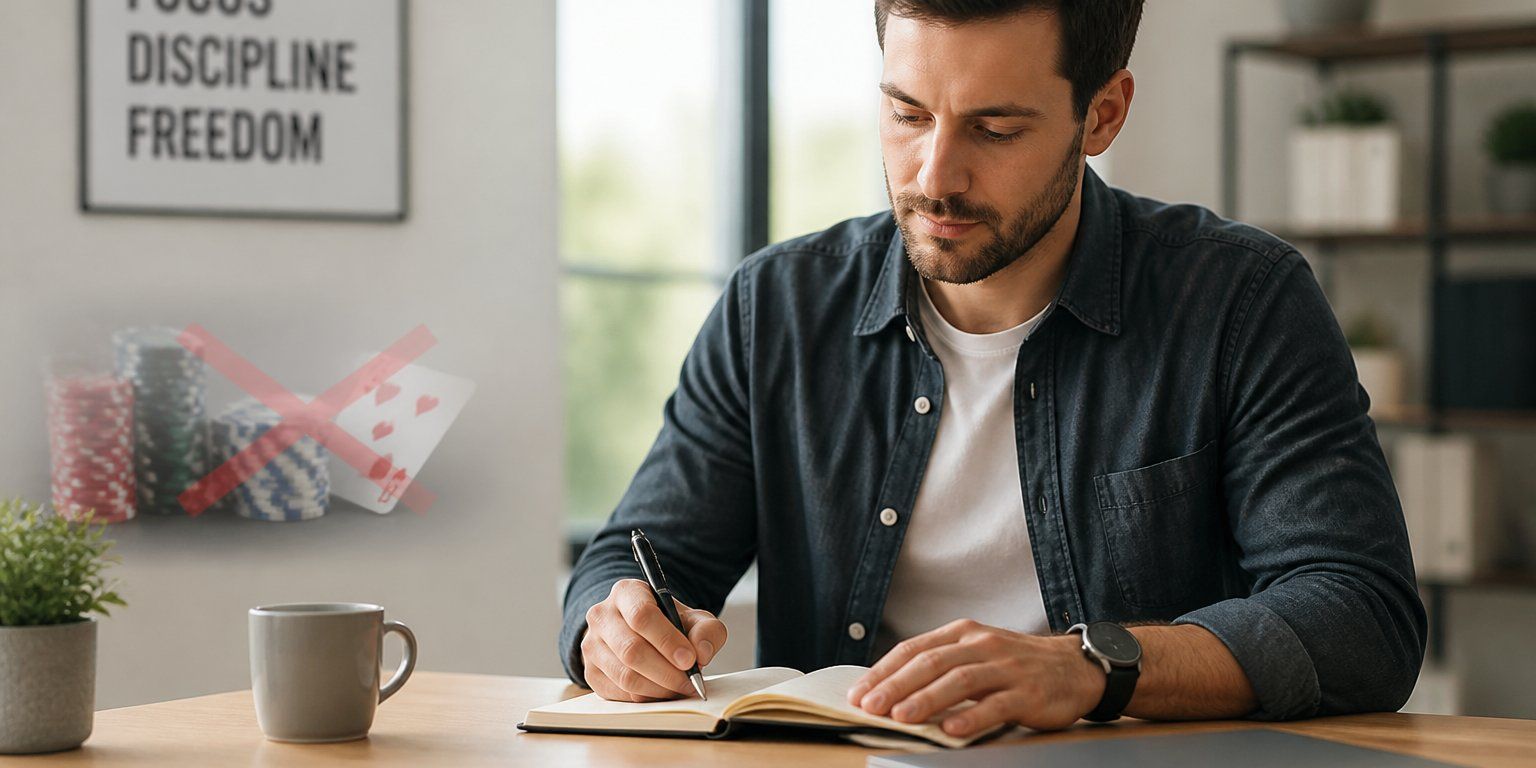Man writing in a notebook at desk with coffee, laptop, and motivational sign, symbolizing discipline in gambling recovery.