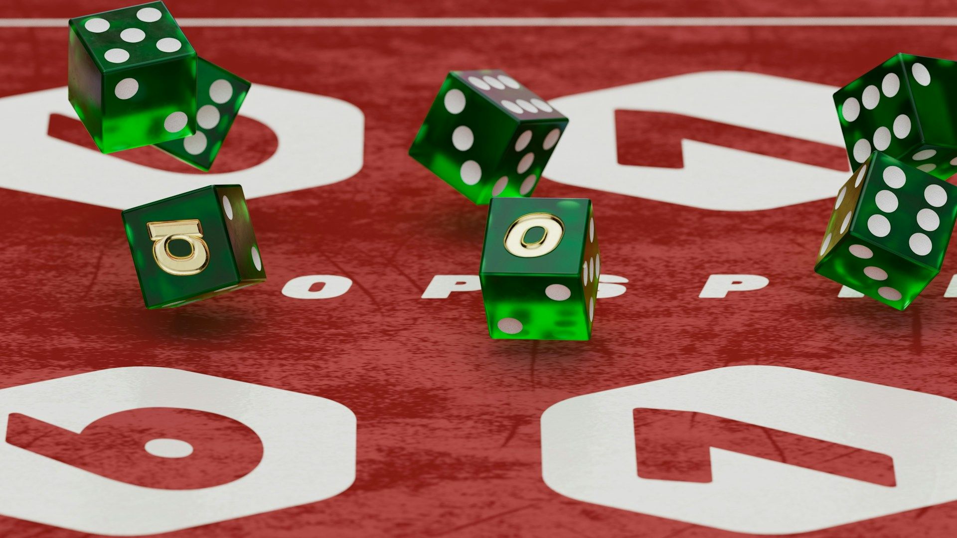 Green dice rolling on a red casino table with white numbers, depicting gambling and chance.