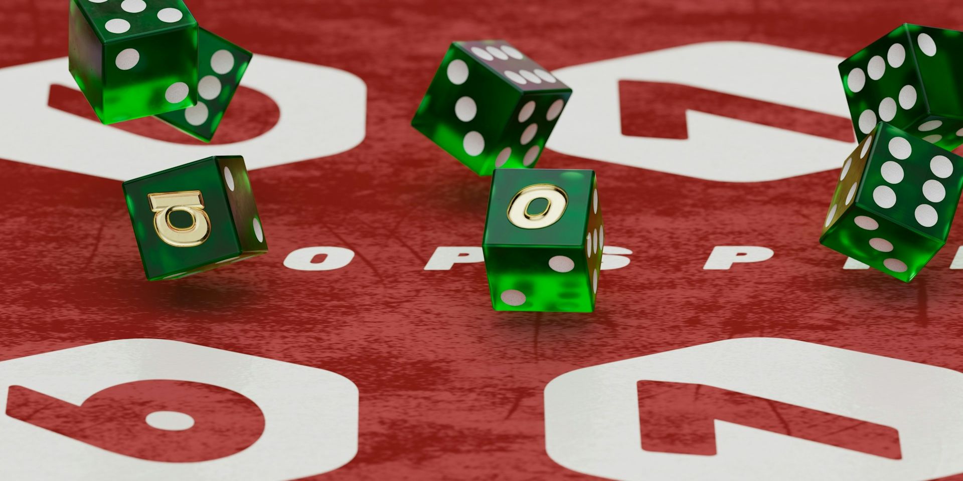 Green dice rolling on a red casino table with white numbers, depicting gambling and chance.