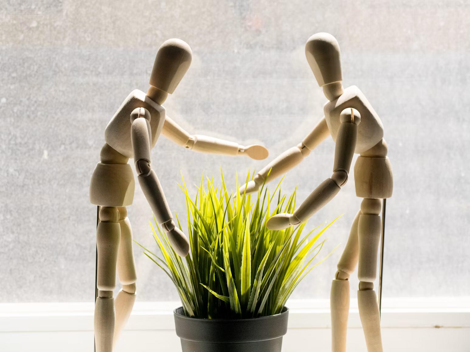 two wooden mannequins leaning over a potted plant