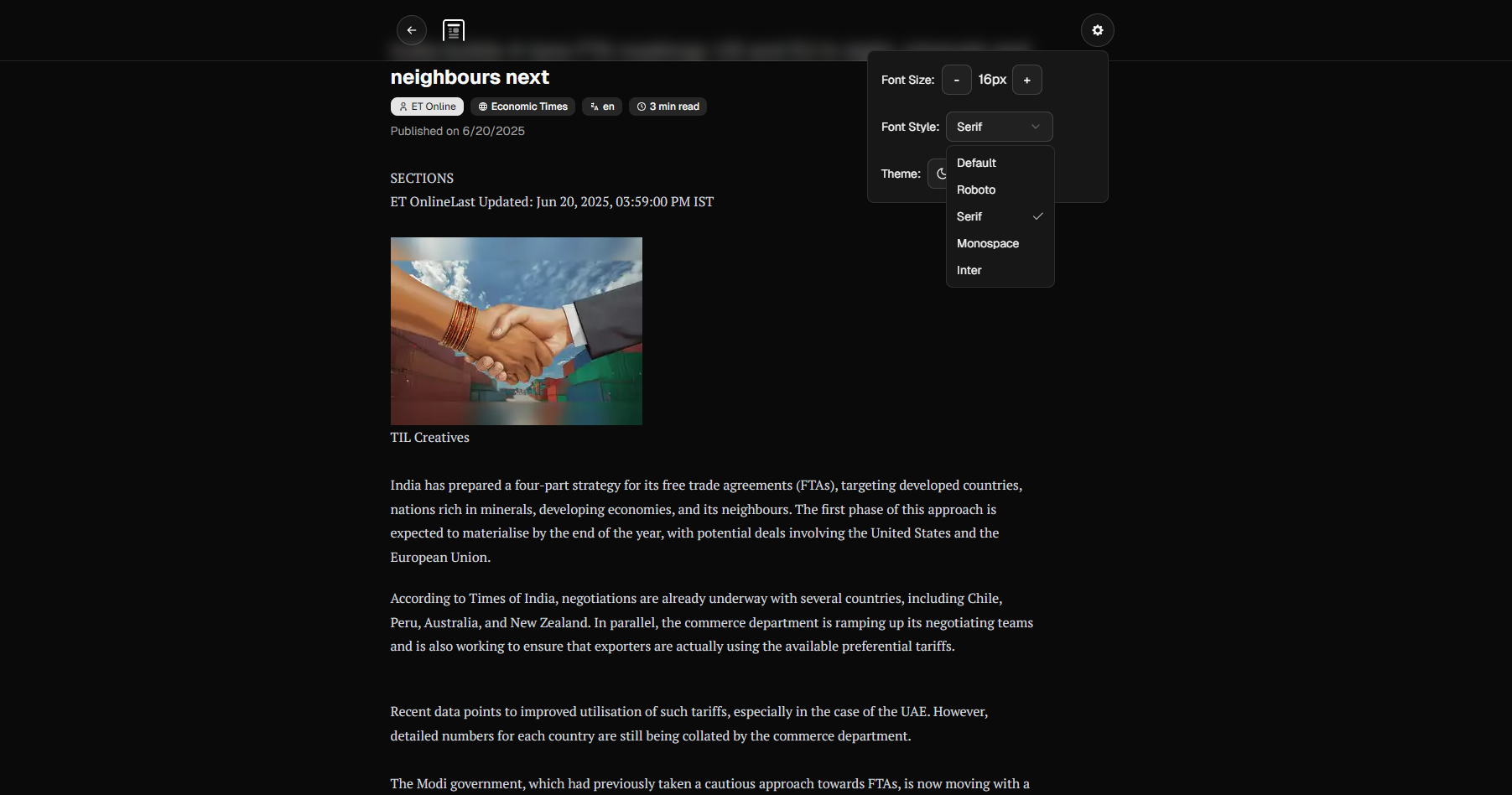 Screenshot Of Reader and Font Settings