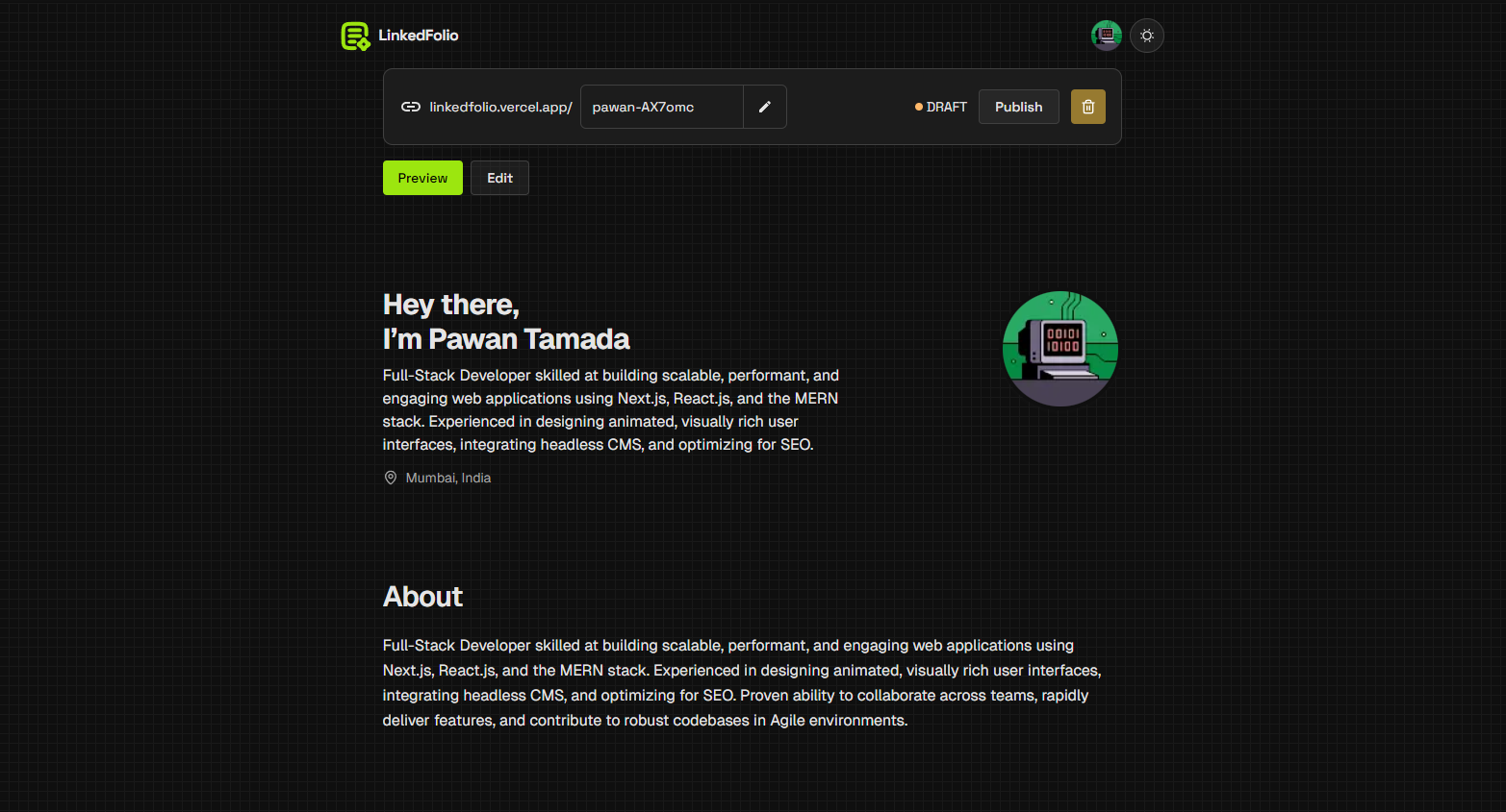 Portfolio preview screen