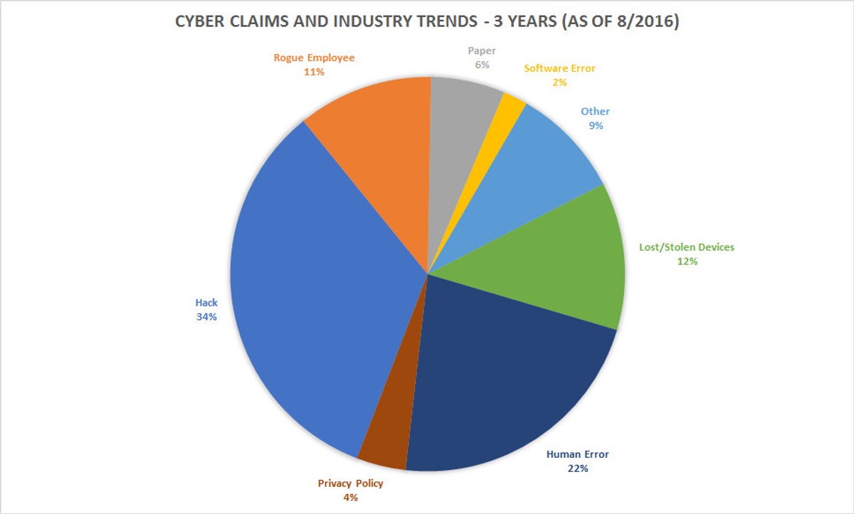 A pie chart detailing the types of events that lead to a cyber claim.