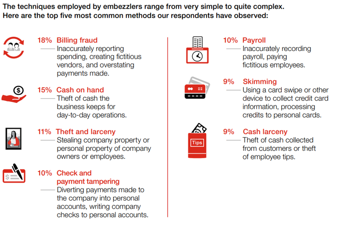 Infographic highlighting the different techniques employed by embezzlers. The graphic is divided into segments, each representing a technique like billing fraud, cash on hand, theft and larceny, check tampering, payroll, and skimming.