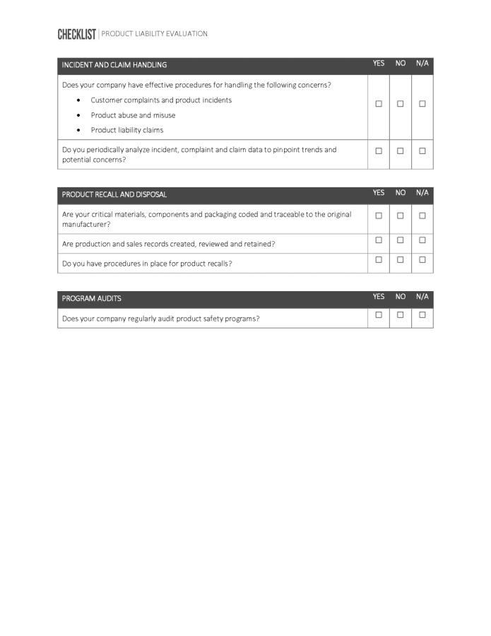 Continuation of the product liability checklist.