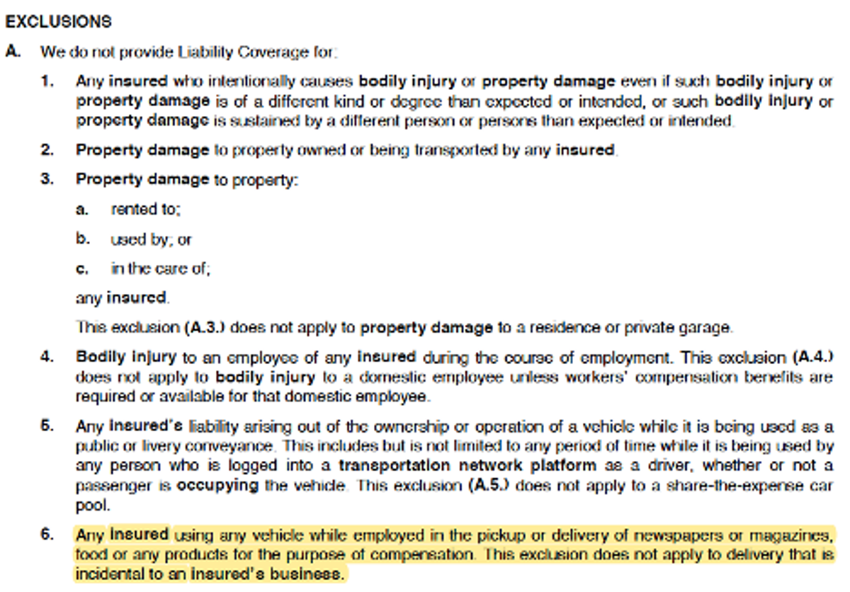 Snapshot of the "Exclusions" section from a Personal Auto Policy, focusing on how the policy does not cover delivery of products.