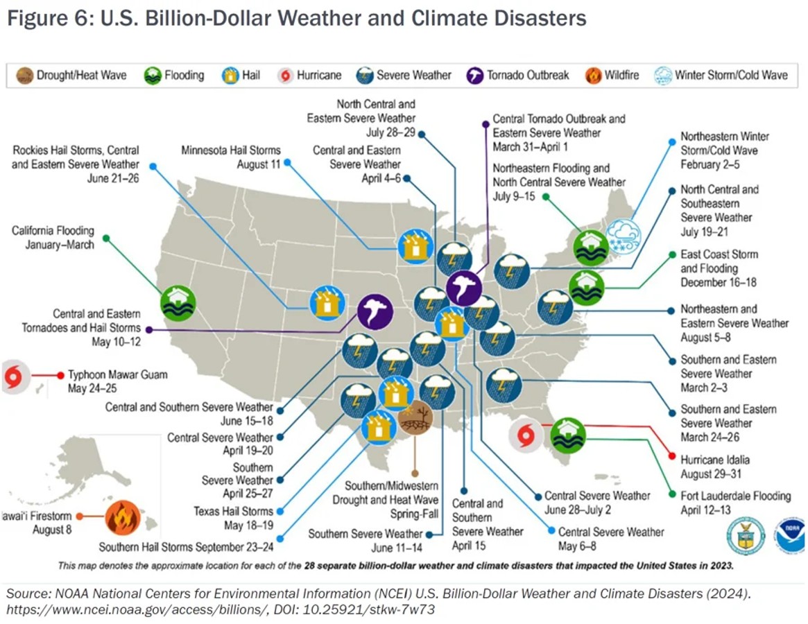 Map of the United States, with highlighted regions indicating areas affected by billion-dollar or higher natural disasters in 2023.