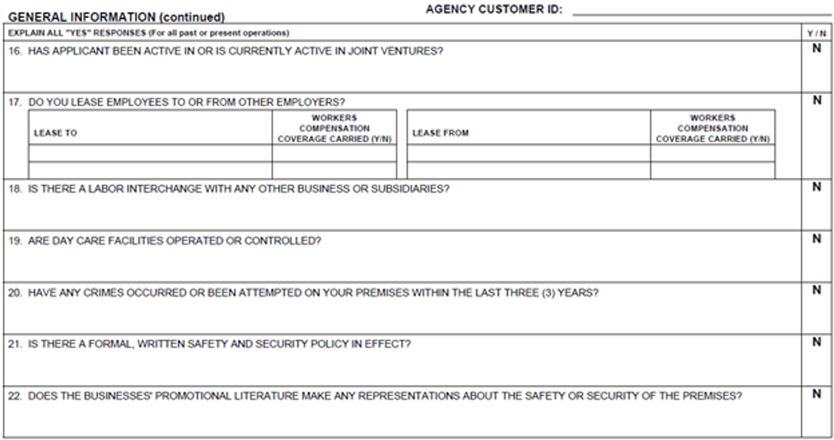 General Information section of the form, consisting of 22 yes/no questions aimed at gauging the potential risks associated with an entity's operations. The responses guide the insurance company in predicting the likelihood of specific claims arising from the insured's activities.