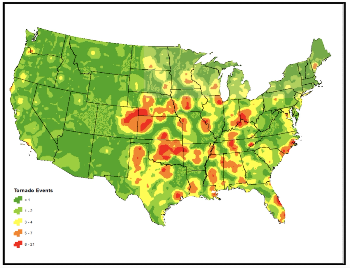 Map of the United States highlighting the central and slightly east of central regions, often referred to as 'Tornado Alley'. This area, stretching from Texas up through the Dakotas and extending eastward into parts of the Midwest and Southeast, is shaded to indicate higher tornado activity. Darker shades represent areas of the highest risk.
