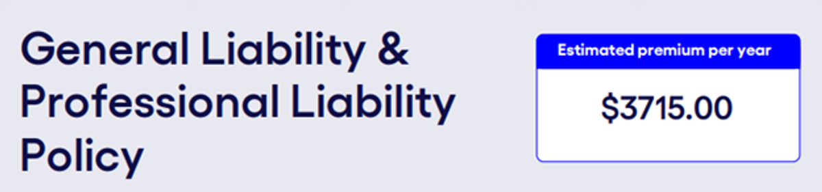 Snapshot displaying the final pricing for a combined general liability and professional liability insurance policy, with a total cost of $3,715.