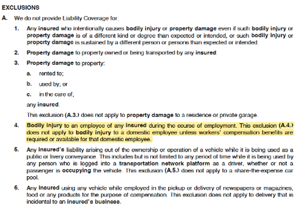 Snapshot of the 'Exclusions' section from a Personal Auto Policy. Highlighted is the 'Employee Injury Exclusion,' which specifies that the policy does not provide coverage for bodily injury to an employee of the insured arising out of and in the course of employment by the insured.
