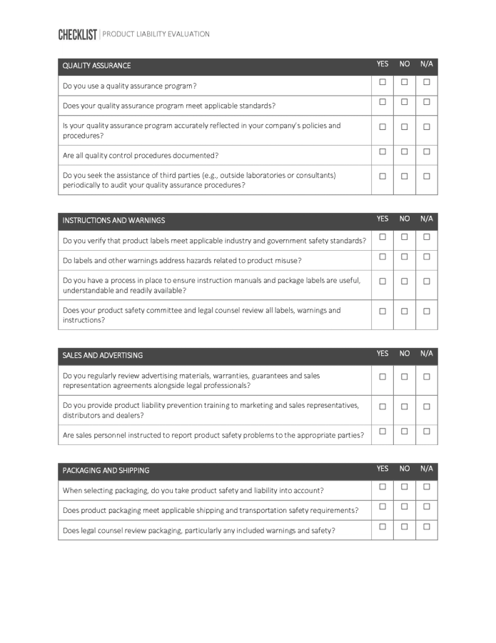 Continuation of the product liability checklist.