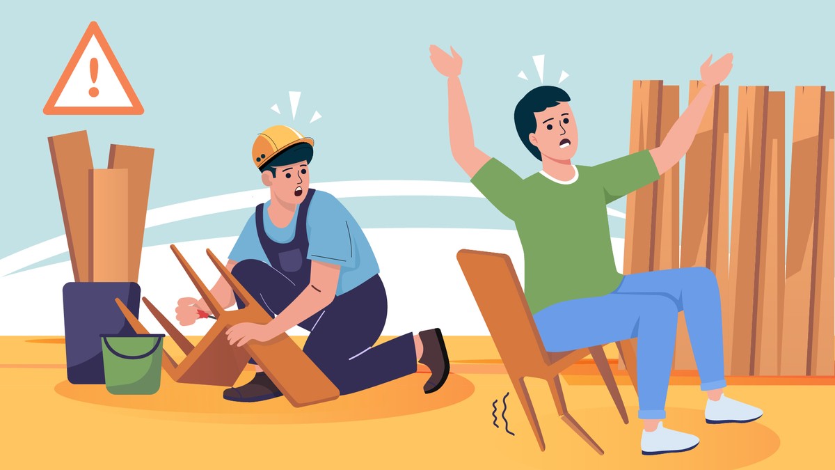 A person sitting on a wooden chair with the leg of the chair breaking causing the customer to fall.