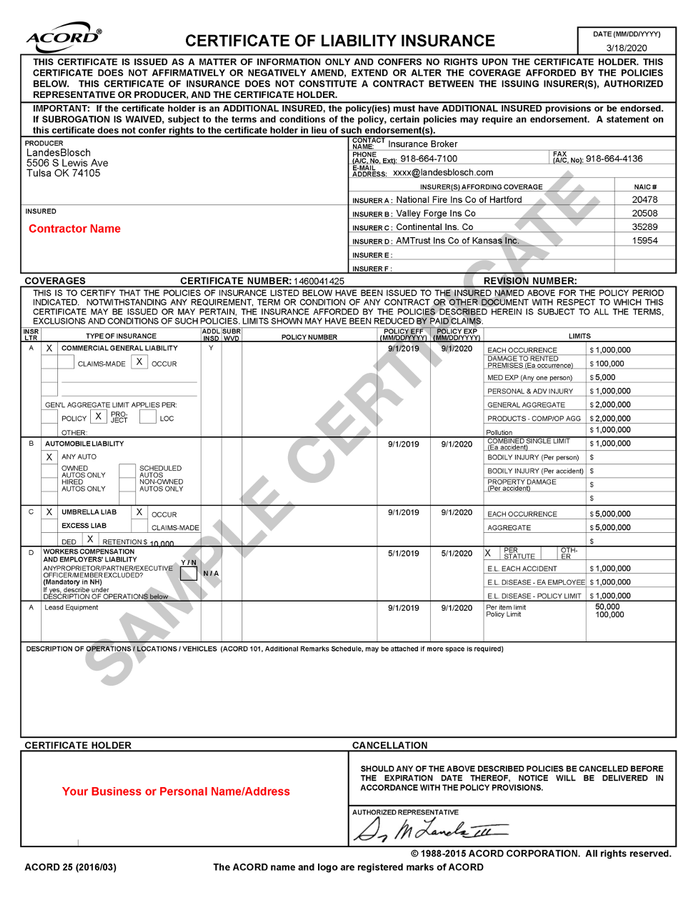 Sample image of a Certificate of Liability Insurance showing coverage details and limits.