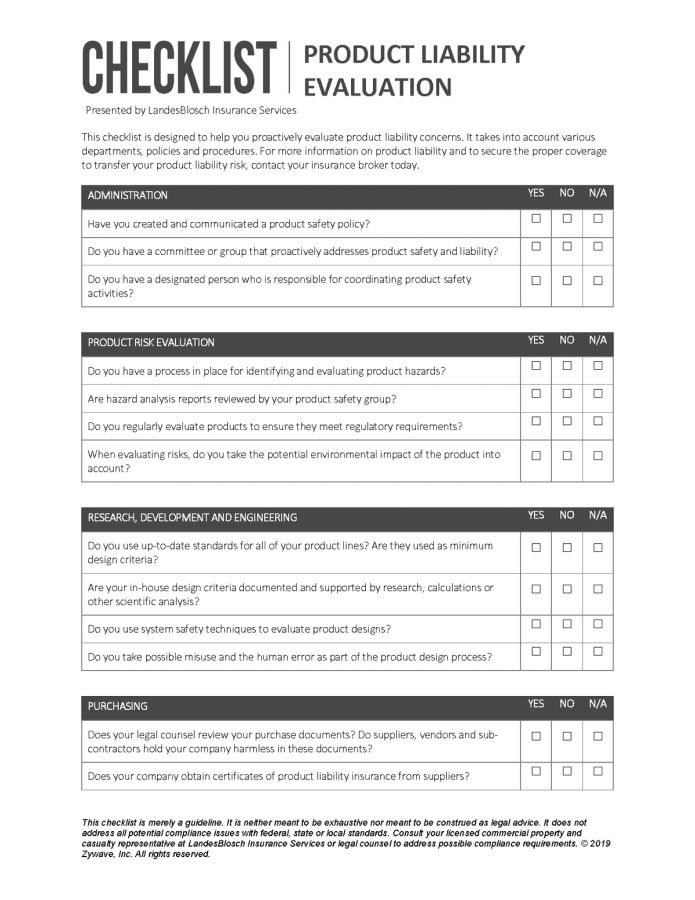 A Product Liability Evaluation Checklist used in risk management, detailing key factors and considerations that businesses need to address to identify and mitigate potential product-related risks.