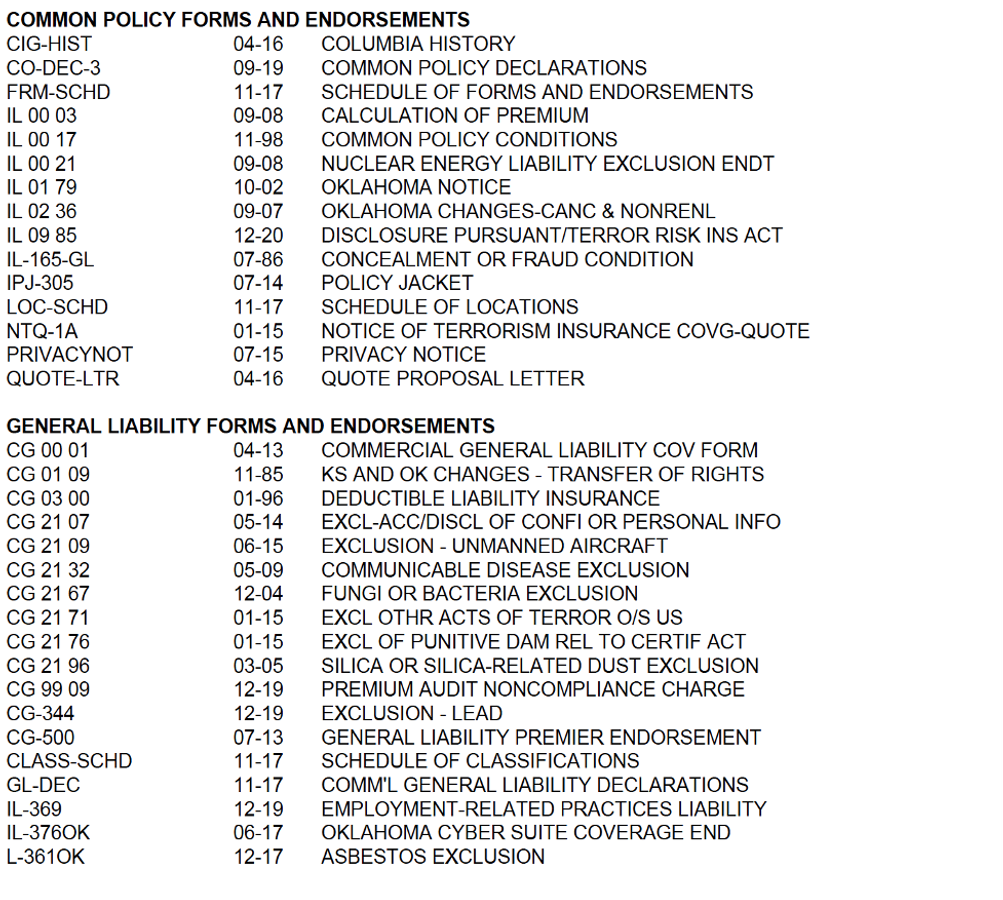 "Schedule of Endorsements" from a high-quality General Liability Insurance Policy.