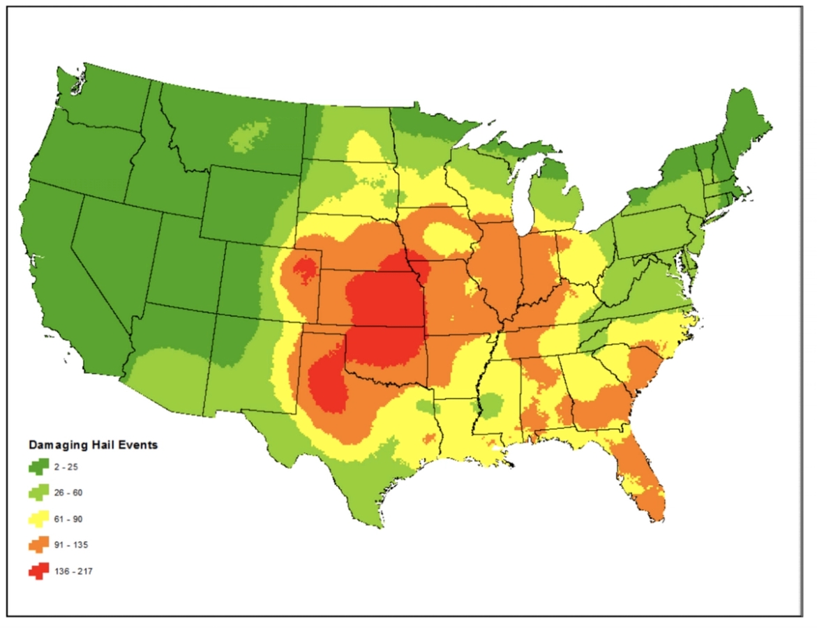 Map of the United States with the central regions prominently shaded to indicate areas of higher hail activity. This 'Hail Belt' stretches from the Texas Panhandle northwards through the Great Plains and into parts of the Midwest, with darker shades representing areas of highest hail risk.