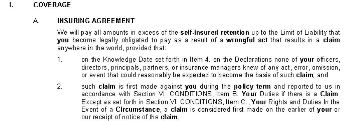 Snapshot of a Contractors Errors & Omissions policy sample, notably not including any pollution coverage.