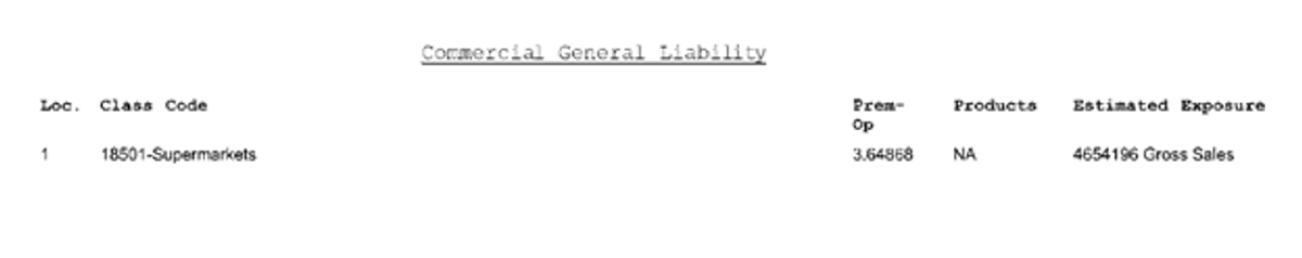 Snapshot of a Commercial General Liability declarations page, highlighting the "GL Class Code" and the corresponding "Gross Sales Amount" for the insured business.