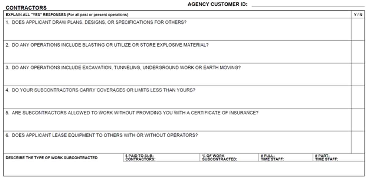 Dedicated section of the ACORD 126 form intended for contractors, requesting details relevant to their operations, exposures, and coverages.