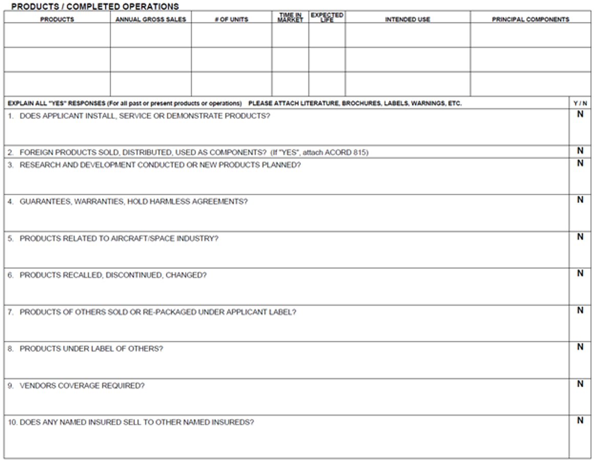 Section of the ACORD 126 form for "Products or Completed Operations" coverage inquiries. Questions delve into operational procedures, presence of warranties, and whether products are directly imported, among other specifics.
