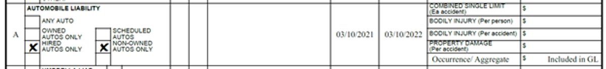 Snapshot of the 'Automobile Liability' section on a Certificate of Liability Insurance, with "Hired Autos Only" and "Non-Owned Autos Only" options checked.