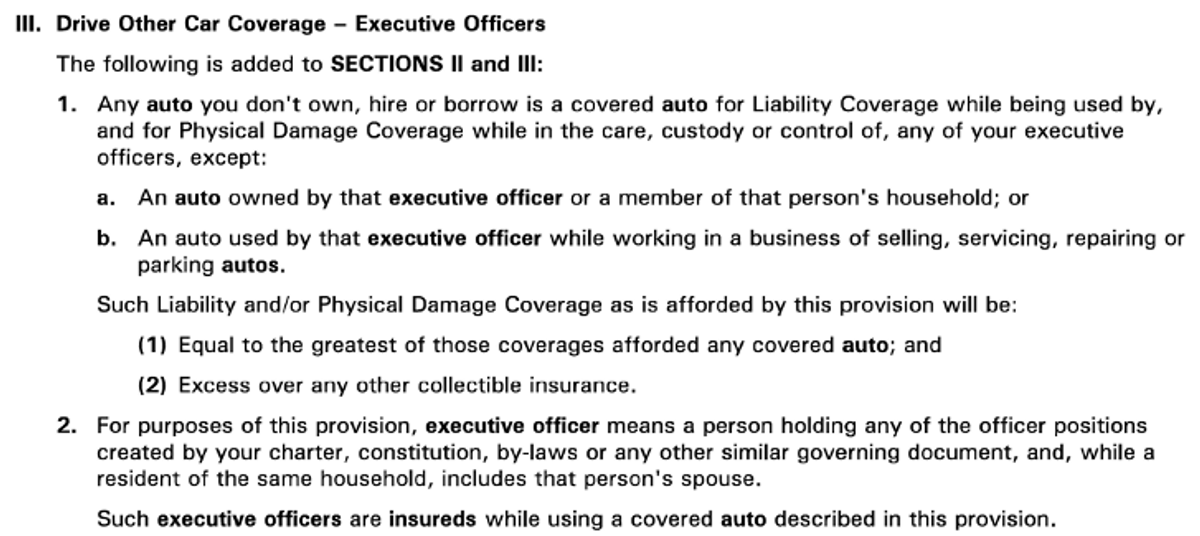 Excerpt from a commercial auto policy highlighting the 'Drive Other Car' coverage provisions.