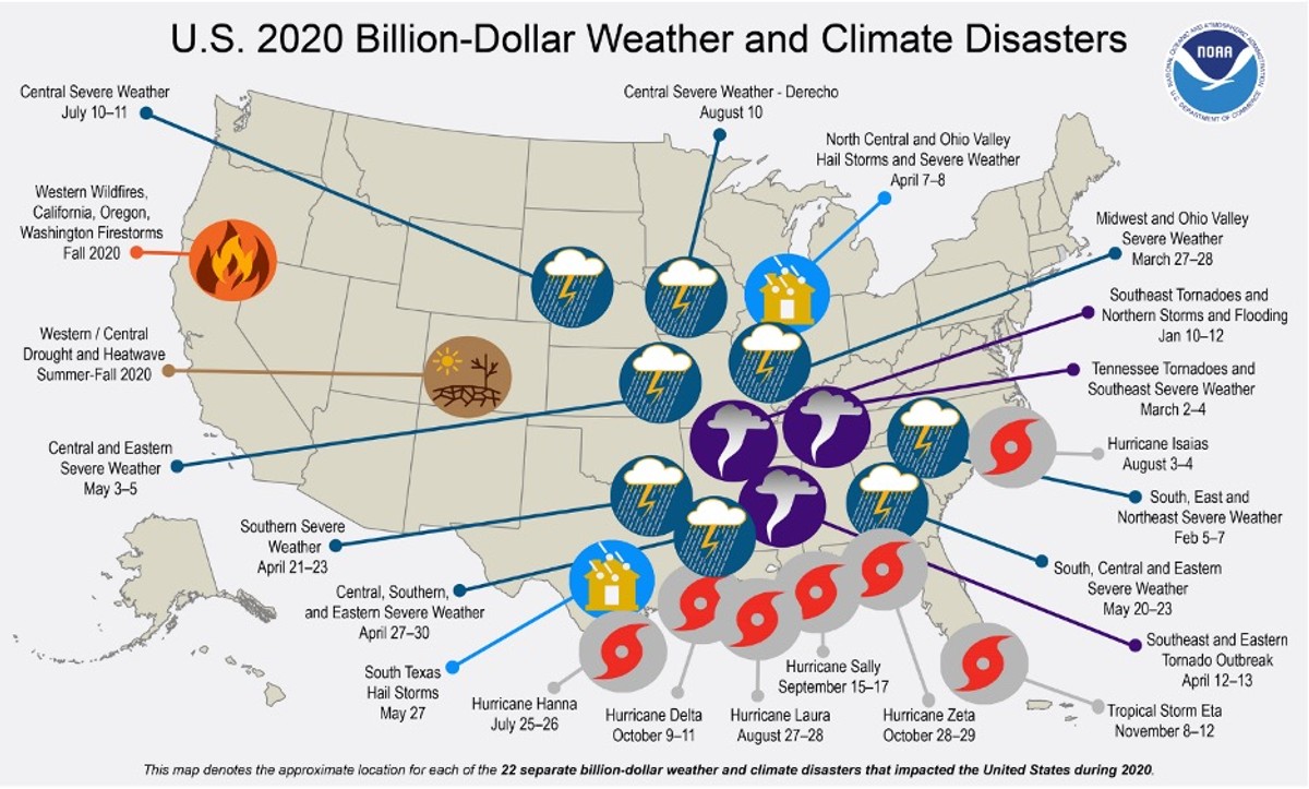 Map of the United States highlighting regions affected by natural disasters in 2020, each causing over a billion dollars in damages.