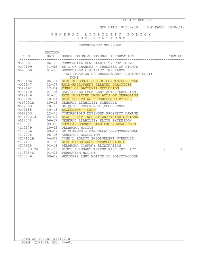 A snapshot of the schedule of endorsements section from the initial pages of an insurance policy. Various exclusions listed within the endorsements are prominently highlighted, signaling their significance or requiring special attention.